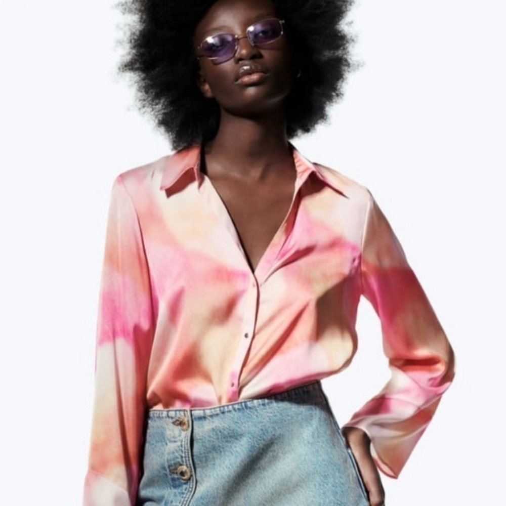 Zara Lightweight Long Sleeve Pink And Orange Tie Dye Button Down Size XS